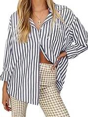 [Cicy Bell] Women's Blouses Striped Long Sleeve Shirts Striped Tops T-Shirt Elegant V-Neck Button Down Plain Casual Tops