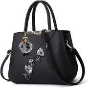 Nevenka Embroidered Women Top Handle Satchel Fashion Shoulder Bags with Hairball-Black