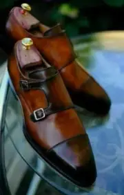 Full Grain Brown And Black Leather Monk Strap Toe Cap Dress Bright Color Shoe