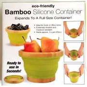 Bamboo Wood Rimmed Silicone Bowl Collapsible Green Food Grade 3 Cup Capacity