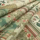 10 Metres Of Striped Floral Patchwork Pattern Red Green Beige Upholstery Fabric