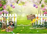 LTLYH 7x5ft Easter Backdrop Spring Flower Garden Photo Background Rabbit Colorful Eggs Fence Grass Wall Decor Photography Background Kids Children Birthday Banner 172