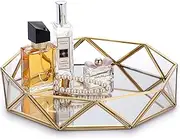Hipiwe Mirrored Glass Make up Tray - Geometric Jewelry Organizer Tray Ornate Bathroom Vanity Tray Dresser Perfume Tray Home Decor Decorative Tray (Gold)