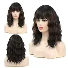 Wavy Wigs with Bangs for Women Premium Dark Brown Short Wavy Bob Wig