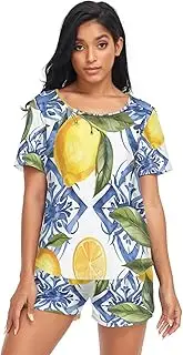 [RPLIFE] Sicilian Style Lemons Blue Flowers Womens Shorts Sleepwear, Lounge Set for Women, Sicilian Style Lemons Blue Flowers, Small