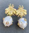 24k Gold Plated Bumble Bee Studs Earrings With Freshwater Pearls With Giftbox