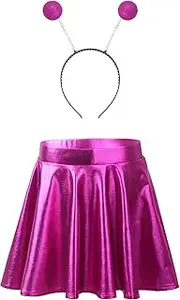 [Choomomo] Kids Girls Alien Outfit Sparkly Glitter Metallic Pleated Aline Skirt with Antenna Headband