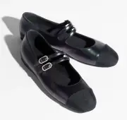 Chanel 24S Iridescent Black Double Strap Pearl CC Logo Mary Jane Ballet Flat 38
