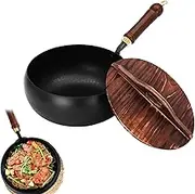 Uncoated Iron Pan, Chinese Wok, Uncoated Hand Forged Big Belly Pot, Non Stick Wok,with Wood Handle and Lid, Stock Pan, Versatile Cooking Suitable for Induction, Electric and More (1pcs)