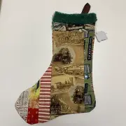 Christmas Stocking Quilted Patchwork Fabric Train Travel NEW 15” Handmade