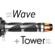 KiWAV Motorcycle Wave Grips Dark Gray with Tower Bar Ends Orange/Silver