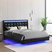 Levede Floating Bed Frame Queen Size with RGB Led Lights,PU Leather Platform Queen Bed Frame with Headboard,Modern Metal Platform Bed Base,No Box Spring Needed,300kg Capacity,Black