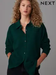 Green Smart Collar Button Through Longline Knitted Shirt with Wool (E68390) | $60