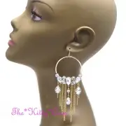 Large Gold Plt Chic Crystal Hoop Bling Drop Tassel Statement Chandelier Earrings