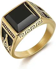 [Generic] Vintage Black Stone Onyx Signet Ring for Men Boys,Antique Stainless Steel Gold-Plated Ring Freemasonry Masonic Agate Pinky Ring Titanium Steel Ring Gemstone Signet Unique Fashion Biker Jewelry