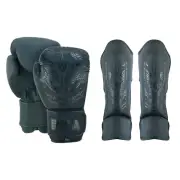 PMA Twin Tigers Muay Thai Boxing Gloves Shin Pads Set Black Sparring Guards