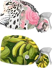 [YTYVAGT] 2-Pc,Nurse Scrub Caps,Scrub Hats with Buttons and Cotton Sweatband,Animal Leopard Rose Flower
