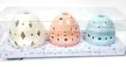 SET OF 3 PC PIERCED PINK,BLUE,WHITE CERAMIC EASTER EGGS TEALIGHT,CANDLE HOLDER