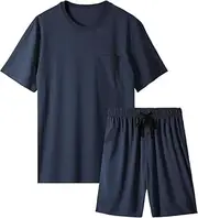 [BAMBOO COOL] Men's Short Sleeve Pajama Set Blue, Multicolor-b, S