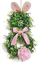21inch Easter Bunny Spring Wreath for Front Cute Rabbit Ears Artificial Linen Bow Whit Greenery Boxwood with and Wreath