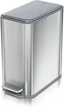 Glad Slim Bathroom Trash Can - Small Garbage Pail with Soft Close Lid & Step Foot Pedal | Narrow Brushed Nickel Waste Basket with Removable Inner Bucket, 2.6 Gallon