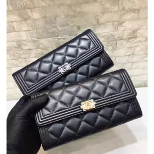 二手名品店Chanel 香奈兒經典boy系列 長夾 羊皮 皮夾 手拿包 翻蓋兩折錢包  A80283黑色金扣銀扣