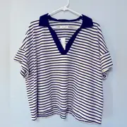 Maurices NWT Cropped Court Textured Polo Striped Tee Blue Jasmine Combo 1X