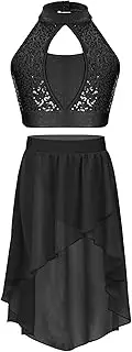[Sxiwei] Kids Girls Lyrical Dance Outfit 2 Piece Sleeveless Shiny Sequin Crop Top with High Low Flowy Skirt Dress