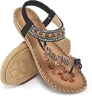 [Ablanczoom] Flat Sandals for Women Summer Comfortable bohemian beaded Dressy Sandal Casual Ankle Strap Elastic Slip on Womens Flats