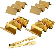 JYJFGSFA 4 Pcs Gold Taco Holders Set with 1 Food Tong, Stainless Steel Taco Stand with Handles for Party, Holds Up to 3 Tacos Each, Dishwasher Oven safe