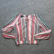 Express Top Womens Size Small Gray Red Stripe Cropped Long Sleeve Boho Casual