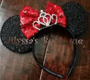 NEW Minnie Mouse Ears Headband Shiny Black Glittery Red Bow Tiara Birthday Party