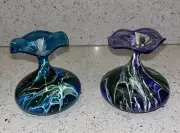 Vintage ‘96 Flame Glow Penco Hand Blown Glass Oil Lamps/Vases Blue Purple Set/2