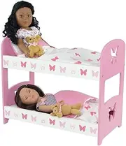 18 Inch Doll Furniture | Lovely Pink and White Double Doll Bunk Bed, Includes Plush Reversible Doll Bedding | Fits 18" American Girl Dolls (Butterfly Theme)