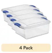 (4 Pack) 15 Quart Latch Box, Clear Plastic Storage Bin with Clear Lid, Blue