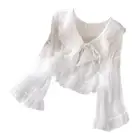 Womens Summer Chiffon Shirt Flowy Long Sleeves Solid Color Lotus-Neckline Top