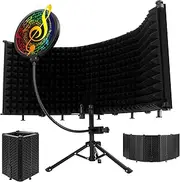 Microphone Isolation Shield with Pop Filter & tripod, 5-Fold Foldable Mic Isolation Shield with Tripod Stand Suitable for Condenser Microphone Recording Equipment, Triple Sound Insulation