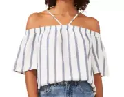 Vince Camuto Stripe Off-the-Shoulder Linen Blend Top, White/Blue, XL $79