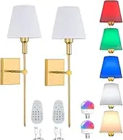 USB Rechargeable Wall Sconces Set of 2, No Wiring Required, Battery Operated Sconce, Rechargeable Wall Light, Dimmable & Colour Changing, Remote Controlled, Bulbs & Charging Cord Included (Gold)