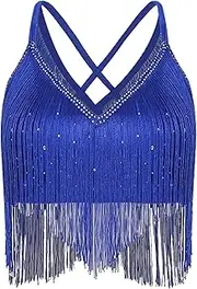 [TiaoBug] Women Salsa Latin Dance Top V-Neck Sleeveless Fringe Crop Top for Performance Competition