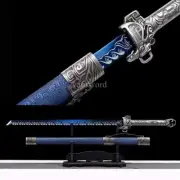Chinese Tang Dyansty Dao 唐刀 Carbon Steel Sword With Blue Pattern Blade Scabbard.