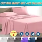 4PCS Cotton Sheet Set + Pillows Flat Fitted Bed Sheets Queen King Double Single