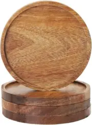 Acacia Wood Coasters with Iron Holder Stand for Coffee Table, Drink Protection