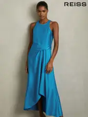 Reiss Blue Micah Petite Satin Drape Tuck Midi Dress (AW8918) | $325