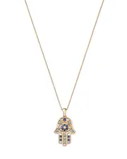 Bloomingdale's Fine Collection Blue Sapphire, Blue Topaz, & Diamond Accent Hamsa Hand Pendant Necklace in 14K Yellow Gold, 17