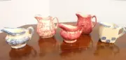Set of 5 Mini Creamers Spatter Pitchers, Cranberry Red Spatterware and Blue