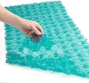WELTRXE Non Slip Bath Mat Pebbles Bathtub Mat with Suction Cups, Drain Holes for Bathroom Showers, Tub, 35 x 16 Inches Machine Washable Bathroom Mats BPA, Latex Free Safe Shower Mats - Teal