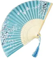 [YUUSONSM] Beaded kit manual fan,folding hand fans, Vintage Folding Hand Fan Women Hand Held Fans Retro Bamboo Silk Fans For Wall Decoration Wedding Festivals Gifts Blue Chinese Handheld Folding Fan