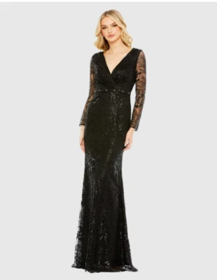 MAC DUGGAL 68016 EMBELLISHED WRAP OVER LONG SLEEVE BLACK GOWN sz 12