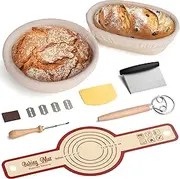 Banneton Sourdough Proofing Basket Set, 9.8" Round & 9.5" Oval Bread Basket, with Cloth Liner, Bread Lame, Danish Dough Whisk, Dough Scraper, Bread Sling, Sourdough Bread Baking Supplies
